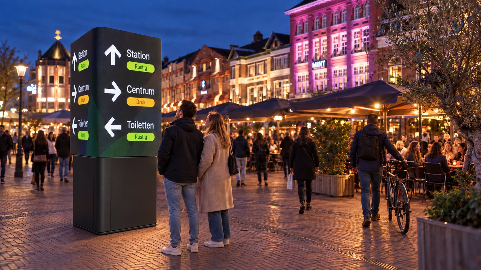 Zwarte informatiezuil met een luxe sokkel tussen de terrassen van een Nederlandse binnenstad