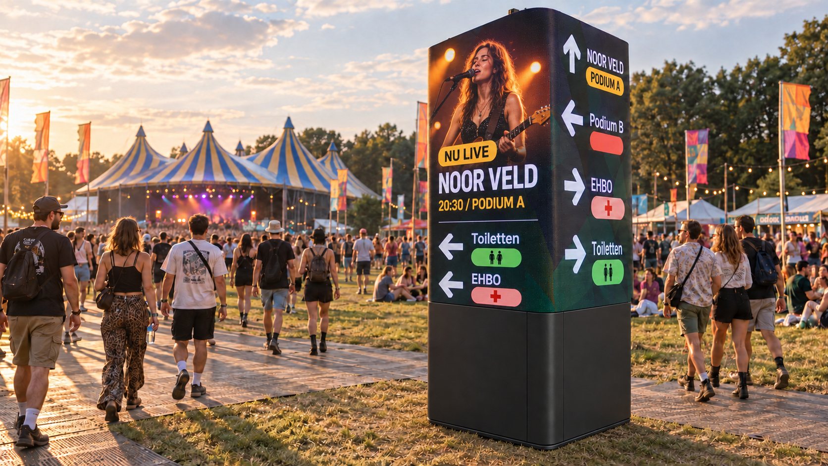 Luxe zwarte informatiezuil toont het festivalprogramma naast routes naar EHBO en toiletten